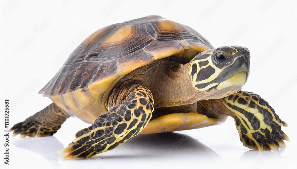 Adorable turtle isolated on a clean white background, showcasing its natural charm and intricate shell pattern in high-resolution detail, perfect for nature, wildlife, or educational Adorable turtle isolated on a clean white background, showcasing its natural charm and intricate shell pattern in high-resolution detail, perfect for nature, wildlife, or educational