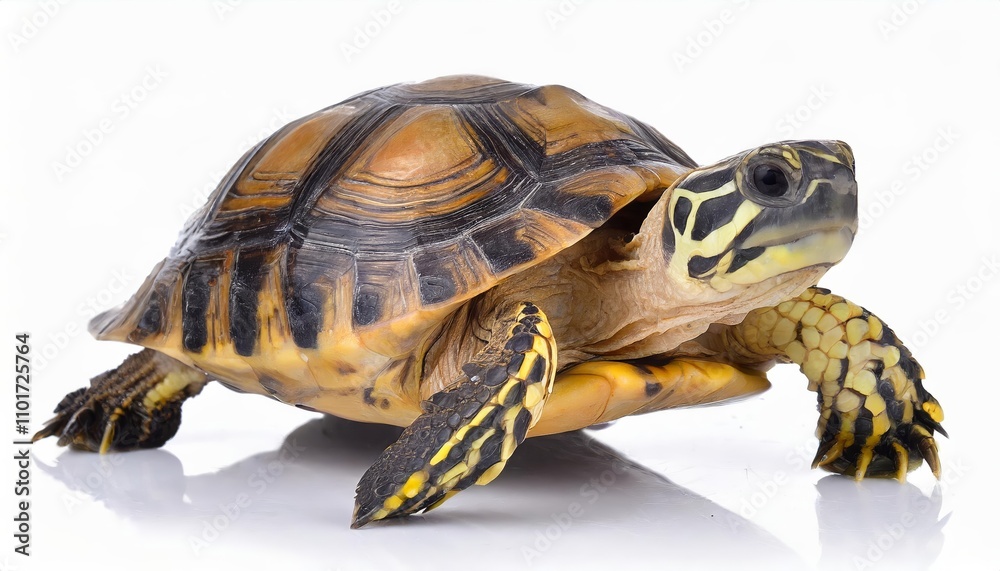 Obraz premium High-quality image of a turtle isolated on a clean white background, showcasing intricate shell patterns and lifelike details, perfect for educational, commercial, or artistic use.