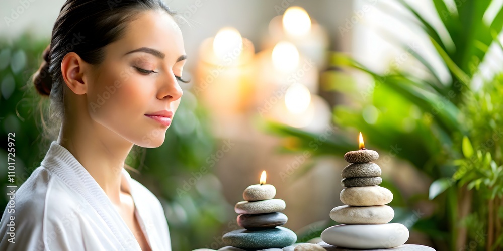 Obraz premium Close Up Portrait Woman Practicing Mindfulness Stone Garden Candid Inner Peace Spa Retreats