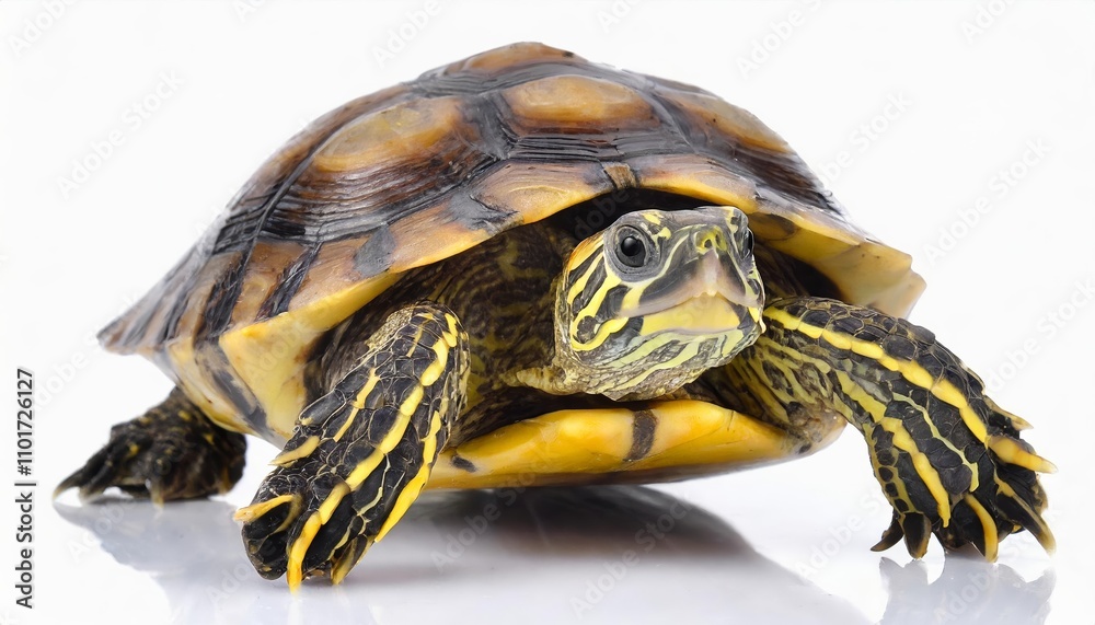 Obraz premium Graceful turtle isolated on a white background, showcasing its intricate shell details, natural textures, and unique features ideal for wildlife photography, educational use, and creative