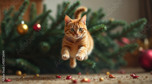 Cat escaping after knocking over the Christmas tree