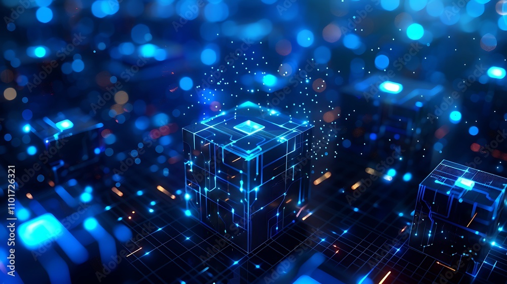 A futuristic digital landscape featuring glowing cubes and particles, representing advanced technology and data processing. A futuristic digital landscape featuring glowing cubes and particles, representing advanced technology and data processing.