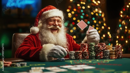 Santa Claus enjoys a festive poker game in a joyful casino setting photo