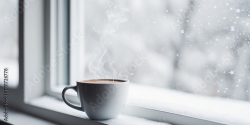 Steaming Cup of Coffee on a Snowy Windowsill. photo