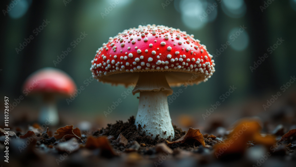 A close-up view of a vibrant red muscimol mushroom with numerous tiny white spots on top, emerging from moist soil and fallen leaves, signifying a forest or woodland setting. A close-up view of a vibrant red muscimol mushroom with numerous tiny white spots on top, emerging from moist soil and fallen leaves, signifying a forest or woodland setting.