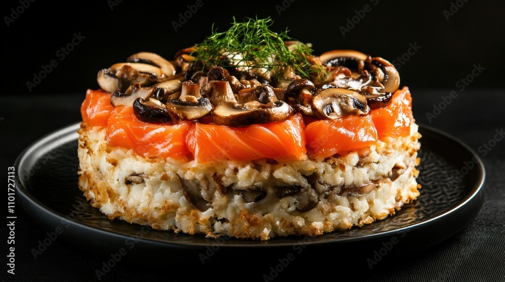 Delicious layered salmon and rice dish with mushrooms Delicious layered salmon and rice dish with mushrooms