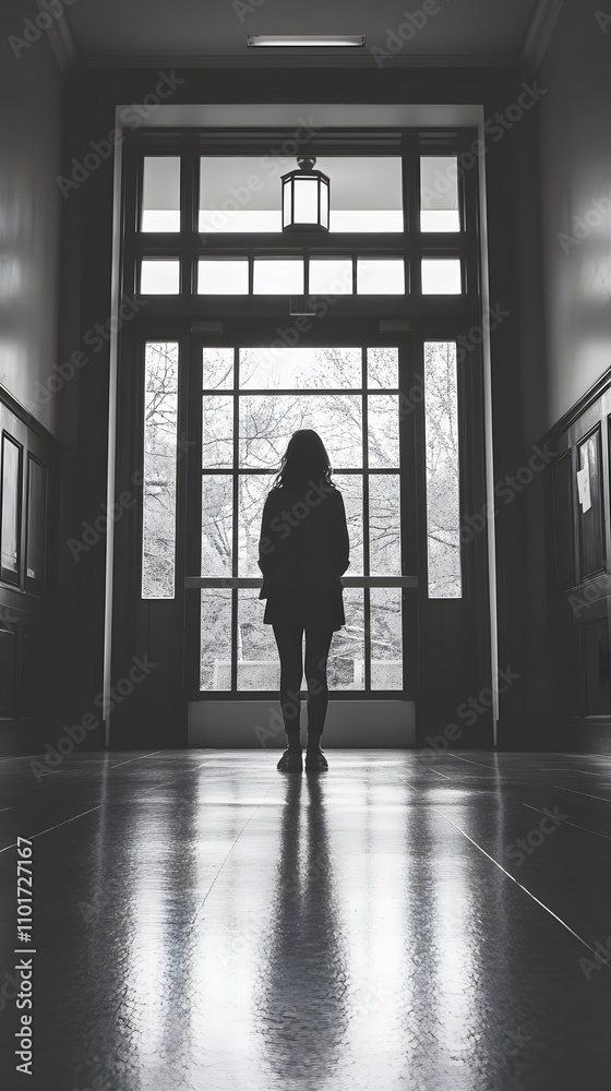 A contemplative young woman stands in a dimly lit hallway, gazing out at the gray outside. A contemplative young woman stands in a dimly lit hallway, gazing out at the gray outside.