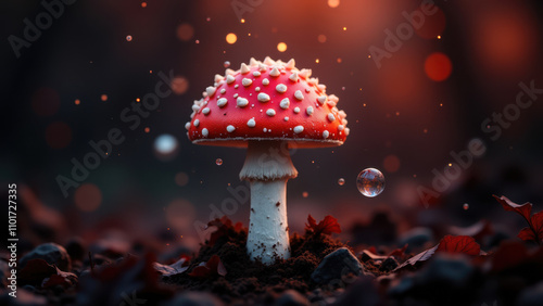 A vivid illustration of a giant muscimol mushroom with glowing spores at its base.