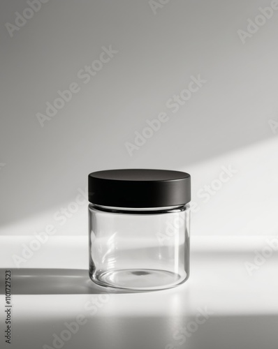 Glass jar with black screw cap for packaging design and branding. photo