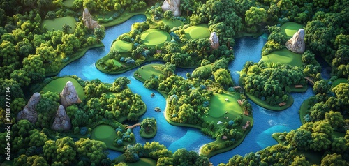 Aerial view of a lush golf course nestled in a vibrant green forest, winding river adds to its scenic beauty. Ideal for travel, leisure, and nature themes. photo