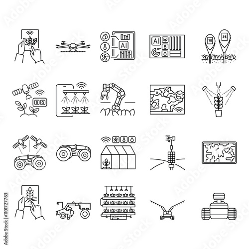 Smart agriculture black line icons set.