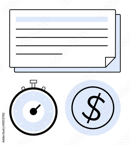 Check stopwatch dollar sign icon in minimalistic design. Ideal for finance, banking, time management, efficiency, productivity, financial planning, saving money. Line metaphor