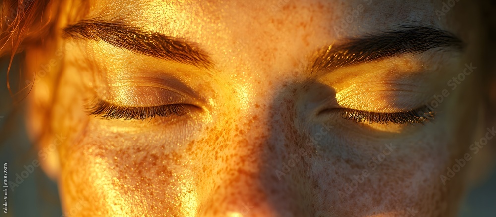 Close-up of a person's face with freckles, eyes closed, illuminated by golden sunlight. Close-up of a person's face with freckles, eyes closed, illuminated by golden sunlight.