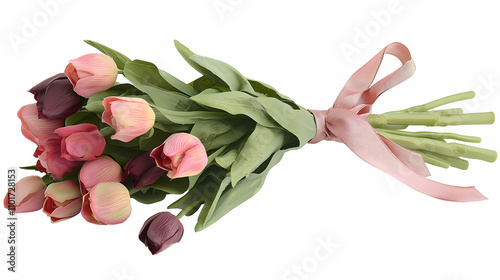 A bundle of vibrant tulips in a variety of colors tied with a satin ribbon, isolated on white background photo