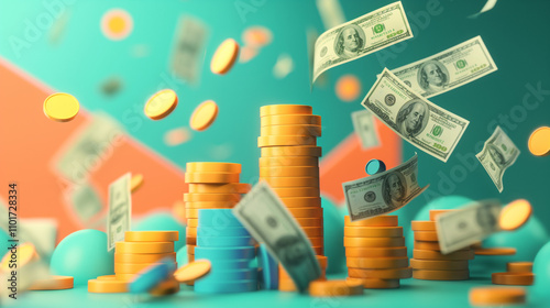 A stack of cheerful animated dollar bills waving at a curving growth chart