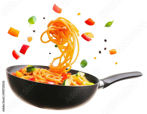 flying spaghetti and vegetables on a pan isolated on transparent background