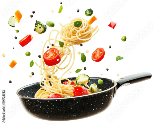 flying spaghetti and vegetables on a pan isolated on transparent background