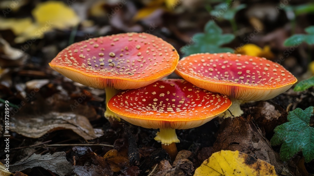Obraz premium Three vibrant red mushrooms grow amongst autumn leaves