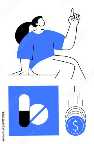 Person pointing upwards, medical pills icon, and coins falling representing healthcare costs. Ideal for medical advice, healthcare savings, financial management, medicine pricing, health insurance