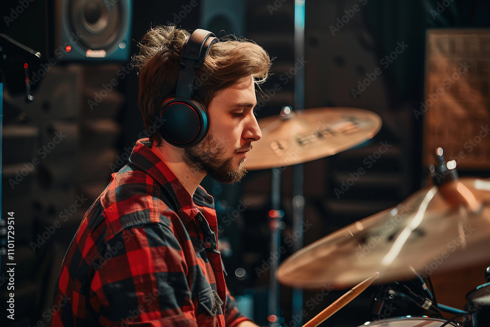 Fototapeta premium Generative AI Image of a Rock Band Drummer Immersed in Music Performance