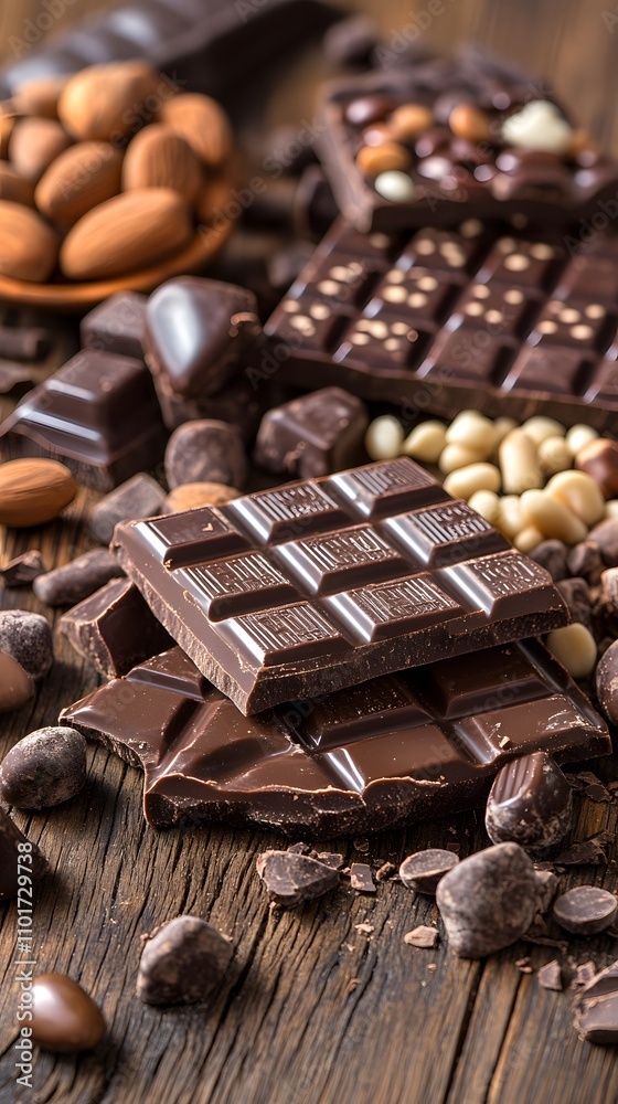 Delicious assortment of dark chocolate and nuts on rustic wooden background. Delicious assortment of dark chocolate and nuts on rustic wooden background.