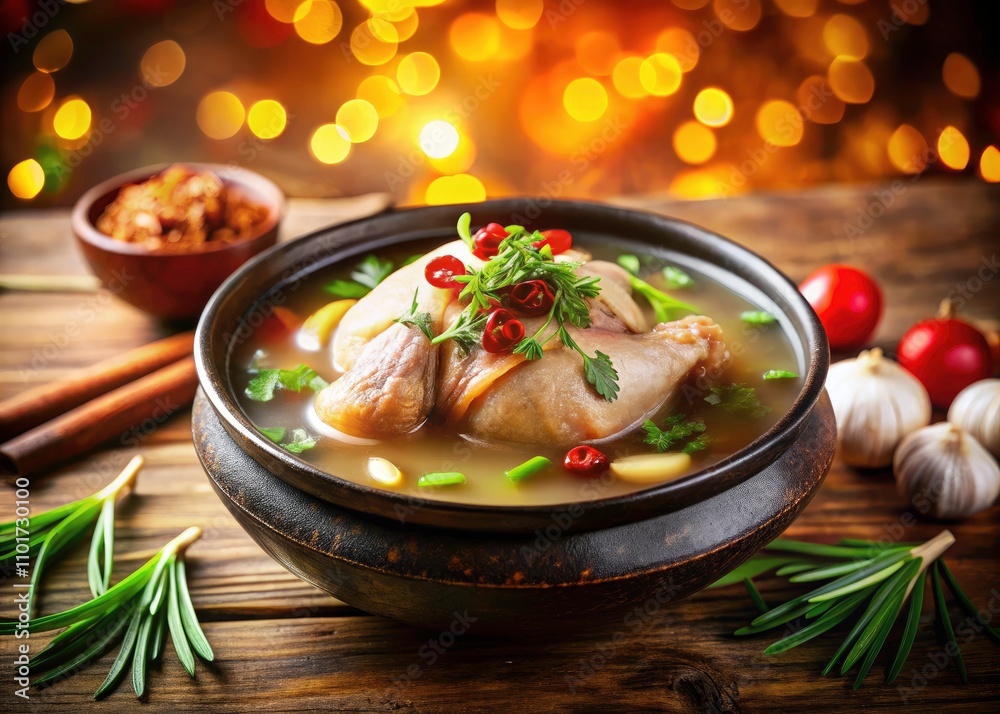 Bokeh Effect of Korean Samgyetang, Delicious Chicken Soup with Herbs and Ginseng, Traditional Cuisine, Comfort Food, Asian Culinary Delight, Vibrant Ingredients, Food Photography Bokeh Effect of Korean Samgyetang, Delicious Chicken Soup with Herbs and Ginseng, Traditional Cuisine, Comfort Food, Asian Culinary Delight, Vibrant Ingredients, Food Photography