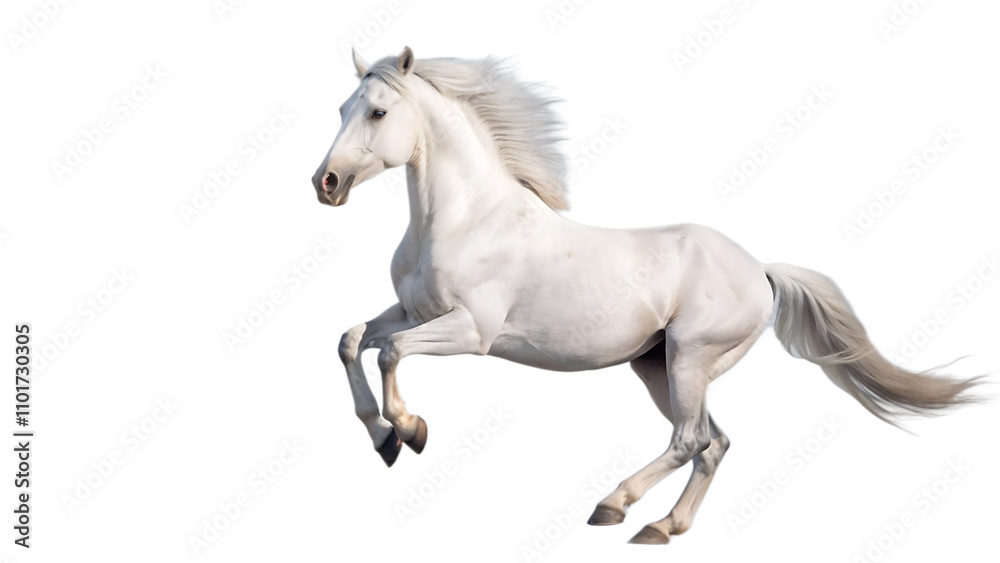 Handsome white stallion galloping, jumping. isolated on white background as transparent. PNG. AI GENERATED. Handsome white stallion galloping, jumping. isolated on white background as transparent. PNG. AI GENERATED.