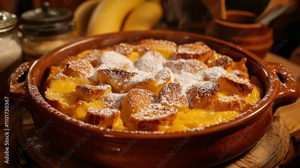 Rustic scene of muskmelon bread pudding served in a ceramic dish, topped with powdered sugar Rustic scene of muskmelon bread pudding served in a ceramic dish, topped with powdered sugar