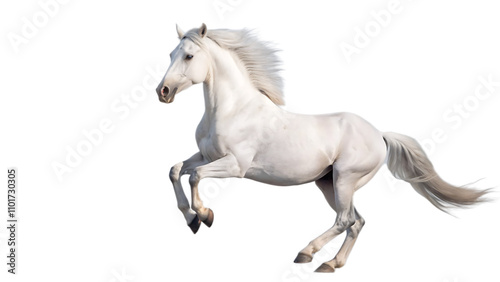 Handsome white stallion galloping, jumping. isolated on white background as transparent. PNG. AI GENERATED.