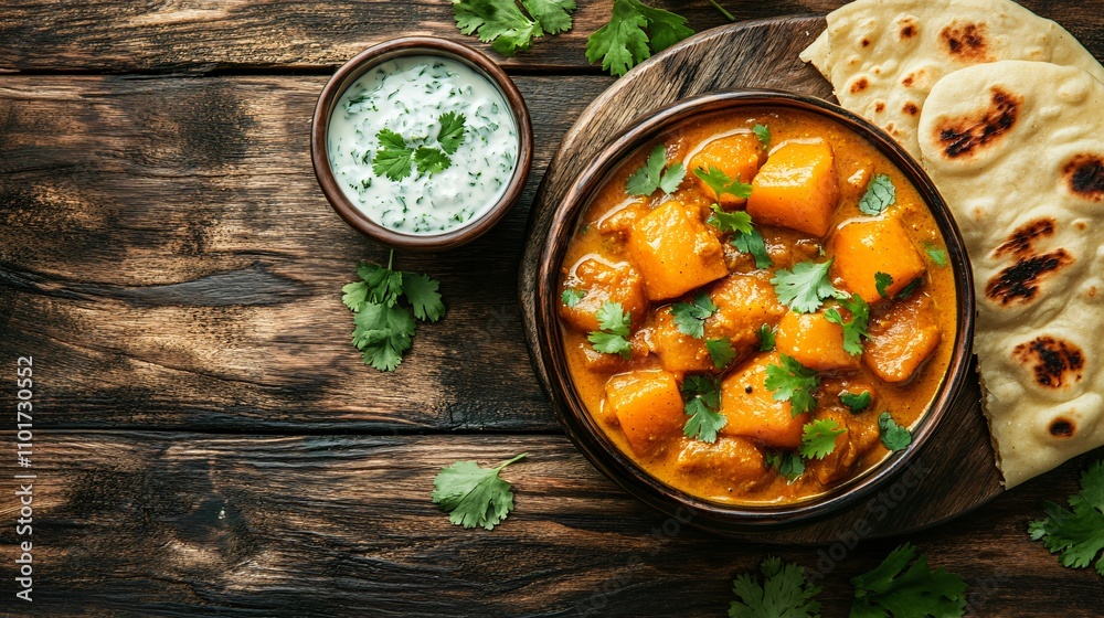 Rustic setting with a bowl of muskmelon curry, naan bread, and a small bowl of raita on a wooden table Rustic setting with a bowl of muskmelon curry, naan bread, and a small bowl of raita on a wooden table