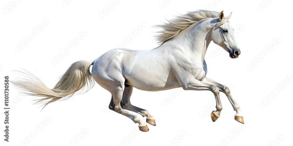 Handsome white stallion galloping, jumping. isolated on white background as transparent. PNG. AI GENERATED. Handsome white stallion galloping, jumping. isolated on white background as transparent. PNG. AI GENERATED.