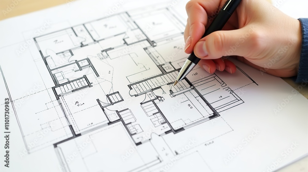 Architect's Hand Drawing on Ground Floor Blueprint Sketch Architect's Hand Drawing on Ground Floor Blueprint Sketch