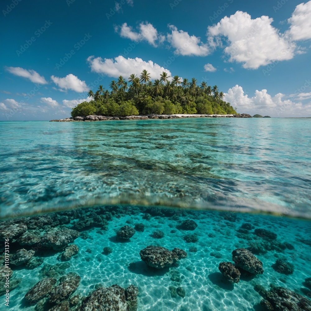 Fototapeta premium A pineapple island surrounded by crystal-clear turquoise waters.