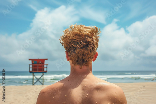 Generative AI Image of Lifeguard on Duty with Lifebuoy on Ocean Beach photo