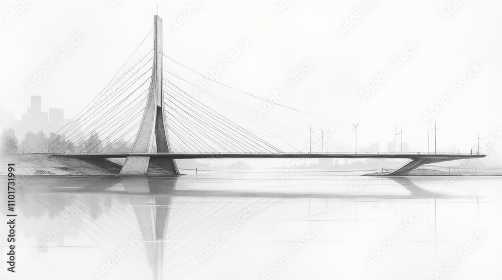 Minimalistic Bridge Drawing with Modern Architecture Over Water Minimalistic Bridge Drawing with Modern Architecture Over Water
