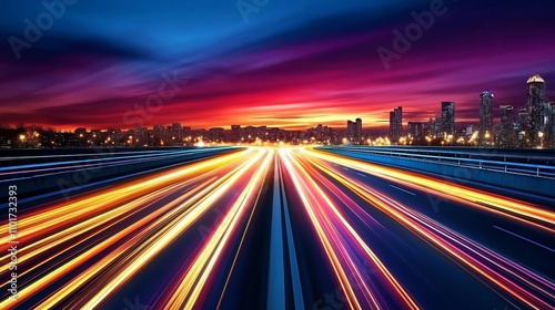 Glowing Lines with Motion Blur in a Vibrant Cityscape at Night