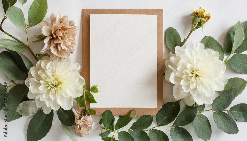 Vertical Top View Blank Card Surrounded by Abstract Organic Floral Elements and Blooming Flowers on White Background - Minimalist Design for Invitations, Greetings, or Stationery Use Vertical Top View Blank Card Surrounded by Abstract Organic Floral Elements and Blooming Flowers on White Background - Minimalist Design for Invitations, Greetings, or Stationery Use
