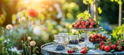 A bustling farm stand with fresh strawberries, blueberries, and early summer fruits ready to pick