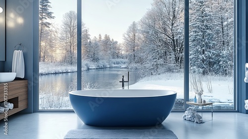 modern bathroom with luxury blue bathtube with view on winter trees banner 