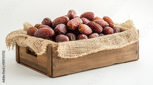 A rustic wooden crate filled with fresh dates, styled with raffia ribbon and burlap for a natural look photo