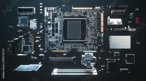 exploded view of a CPU processor, with all components floating against a dark background to emphasize each part's function and design.
