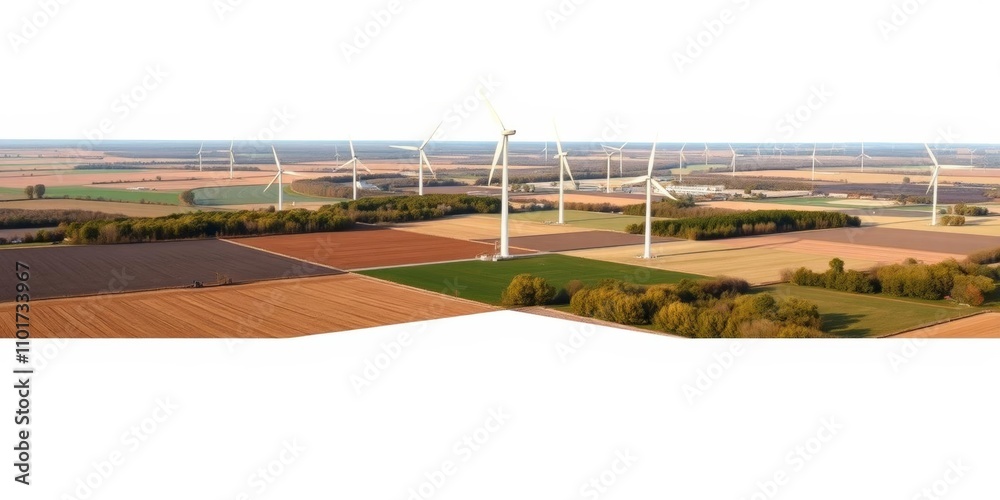 Hyper realistic photo of Windpark in der Uckermark im Land Brandenburg, isolated on white background with copy space for text,  clouds,  turbines
