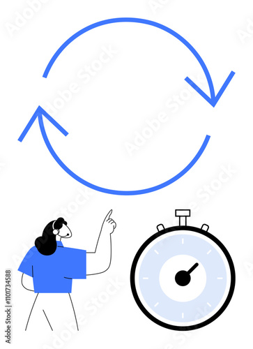 Arrows forming a continuous loop above a stopwatch and a person pointing upwards. Ideal for time management, workflow, efficiency, productivity, process optimization, continuous improvement. Line