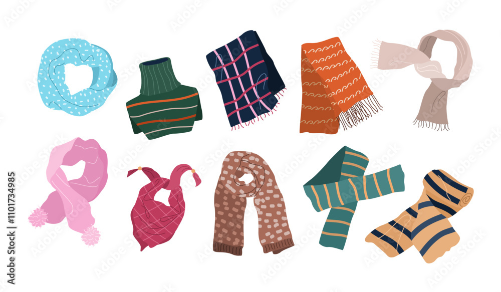 Winter scarves set. Woolen, knitted, cotton scarves, muffler, snood, tippet for men, women and kids. Fashion accessories, warm garments for cold weather. Isolated flat vector illustrations on white. Winter scarves set. Woolen, knitted, cotton scarves, muffler, snood, tippet for men, women and kids. Fashion accessories, warm garments for cold weather. Isolated flat vector illustrations on white.