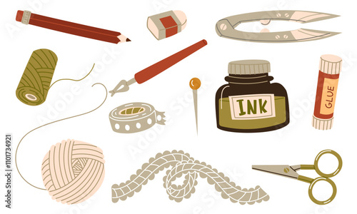 set of scrapbooking accessories. Tools, materials and equipment for handwork, needlework and creative hobbies. Pencil, tape, ink, scissors. collection of flat illustrations isolated on a white