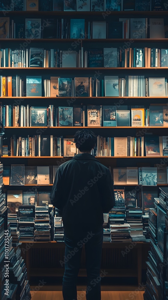 A young Black man explores a library filled with books. A young Black man explores a library filled with books.