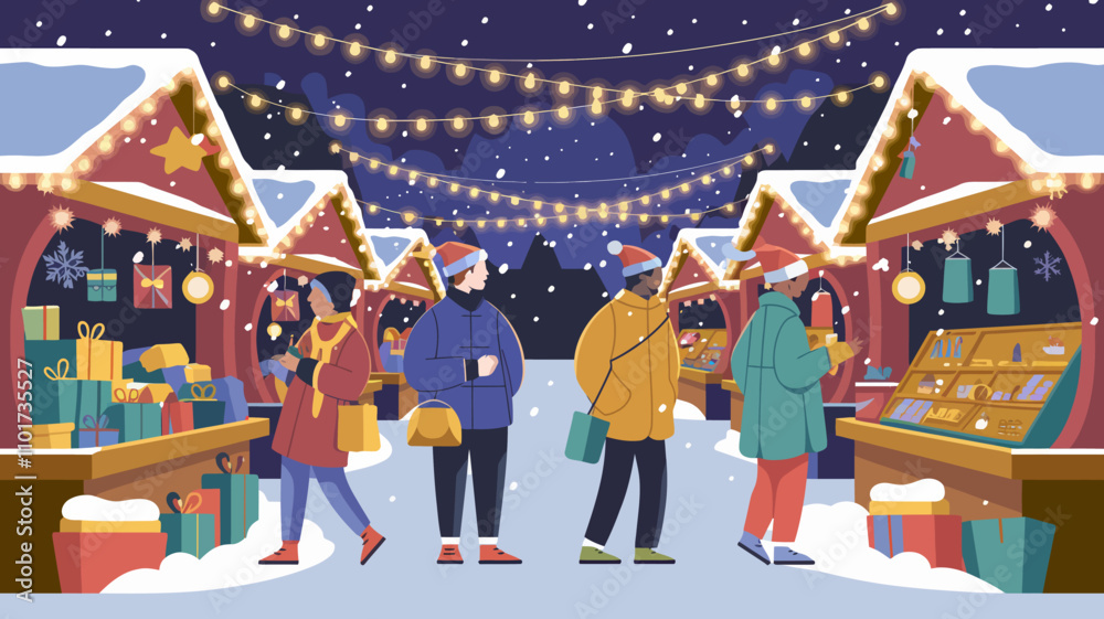 A bustling outdoor market at night, adorned with twinkling string lights hanging above rows of festive stalls.