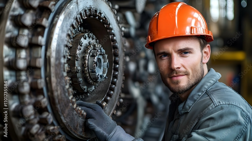 Close Up Portrait of Engineer Using Smart Diagnostics on Turbine - Advanced Engineering Maintenance Photo Stock Close Up Portrait of Engineer Using Smart Diagnostics on Turbine - Advanced Engineering Maintenance Photo Stock