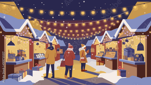 A bustling outdoor market at night, adorned with twinkling string lights hanging above rows of festive stalls.