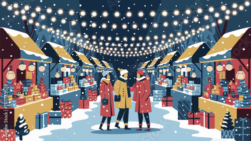 A bustling outdoor market at night, adorned with twinkling string lights hanging above rows of festive stalls.